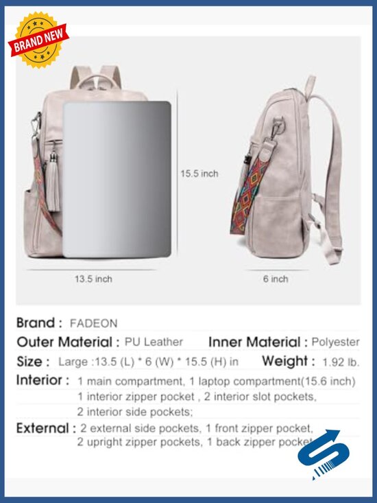 Large PU Leather Laptop Backpack Convertible to Shoulder Bag Waterproof 15.6 main image 6